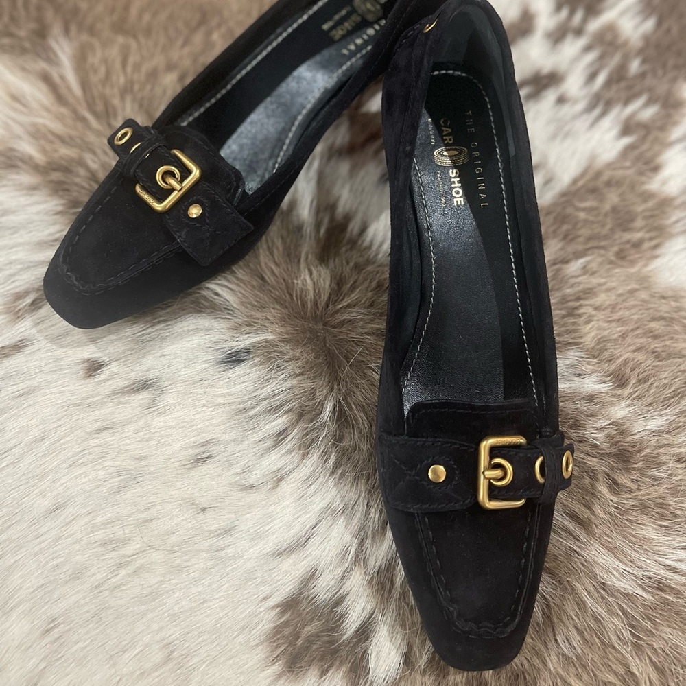 New Prada’s The Original Car Shoe Black Suede Driving Kitten HeelGold Buckle 9.5